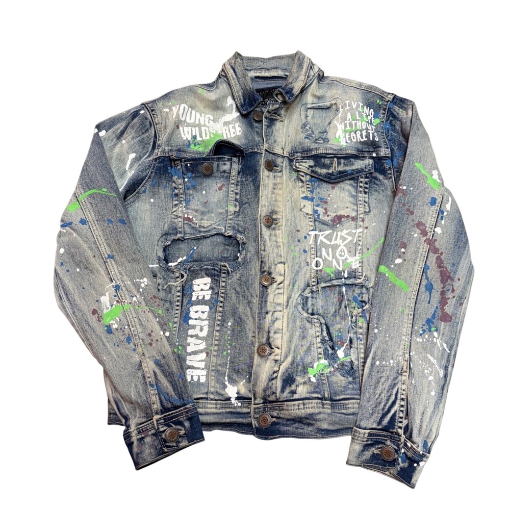 Copper Rivet Mens Distressed Paint Splatter Denim Jacket Acid Wash Blue Small